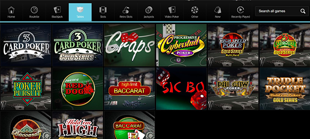 Betway Table Games Selection Screen